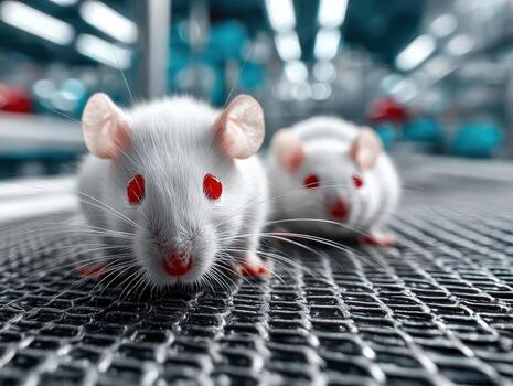 Close-up view of laboratory mice with red eyes in a research facility photo
