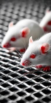 Close-up view of laboratory mice with red eyes on a wire mesh surface photo