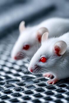 Close-up view of white lab mice with red eyes on a wire mesh surface photo