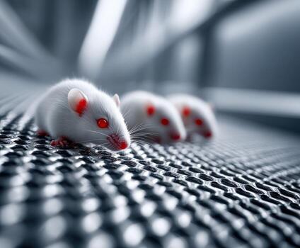 Close-up view of white laboratory mice with red eyes in a controlled environment photo