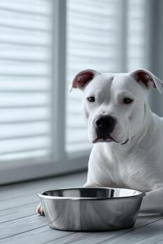 White dog resting beside an empty bowl in a bright room with shutters photo