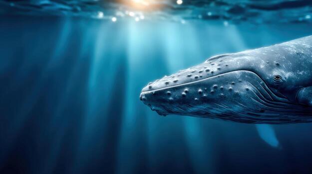 Whale gliding through clear ocean waters under soft sunlight rays photo