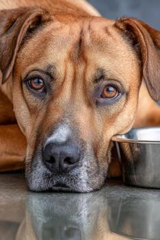 Dog resting with a thoughtful expression next to its food bowl indoors photo