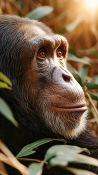 Close-up view of a chimpanzee observing its surroundings in a forest at sunset photo