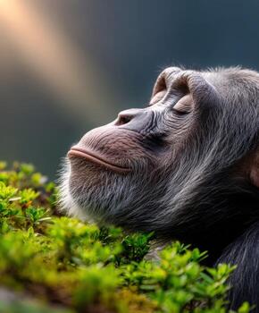 Chimpanzee relaxing among greenery under soft sunlight in a serene setting photo