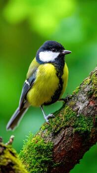 Colorful great tit resting on a mossy tree branch in a serene woodland setting photo