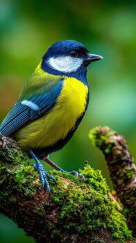 Colorful great tit rests on a mossy tree branch in a vibrant forest setting photo