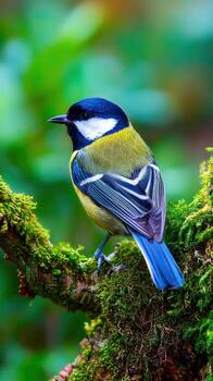Colorful great tit resting on mossy branch in a serene natural setting photo