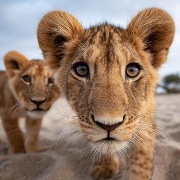 Curious lion cubs exploring their sandy environment in the wild photo