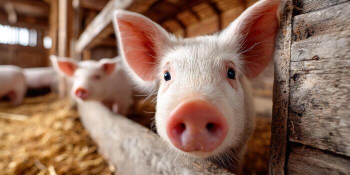 Close-up of a curious piglet in a cozy barn during daytime on a farm photo
