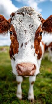 de cerca ver de un curioso vaca en un verde pasto durante un soleado día foto