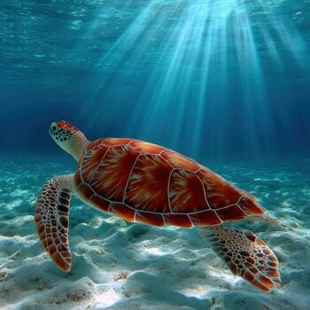 Turtle swimming gracefully in clear ocean water with sun rays shining down photo