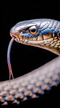Close-up view of a colorful snake with tongue extended in natural setting photo