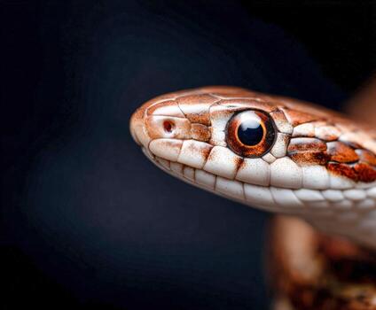 Close-up view of a colorful snake head with intricate patterns and textures photo