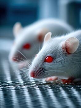 White laboratory mice with red eyes exploring their environment indoors photo