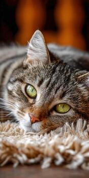 Relaxed tabby cat lounging on carpet in warm, cozy setting photo