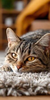 relajado atigrado gato descansando en suave alfombra en acogedor interior ajuste foto