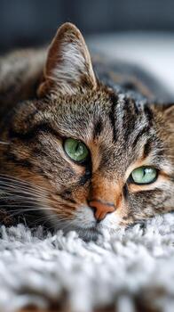 Relaxed tabby cat lounging on a soft surface in a cozy indoor space photo