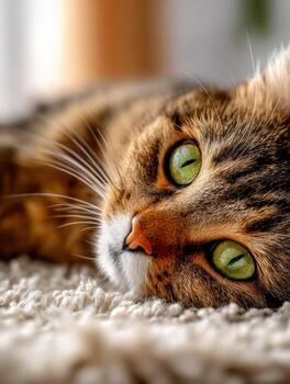 Relaxed tabby cat enjoying a cozy moment indoors on a soft surface photo