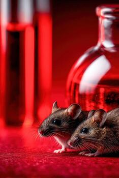 Mice used in experiments alongside red liquid in a modern science laboratory photo