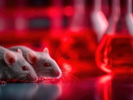 Mice exploring modern science lab with red glassware and high-tech equipment photo