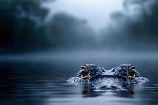 Close-up view of alligator eyes in a misty wetland at dawn photo