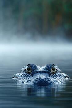 Close-up view of an alligator's piercing eyes in a quiet water setting photo