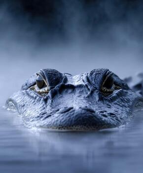 Close-up view of alligator eyes in a misty wetland during twilight hours photo