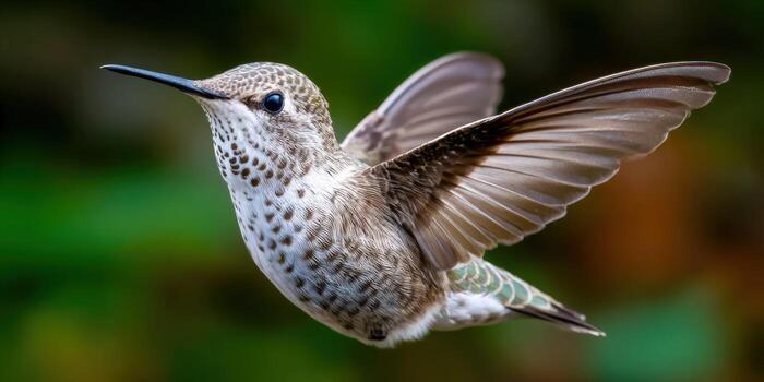 colibrí en vuelo cerca vistoso flores en un natural jardín ajuste foto