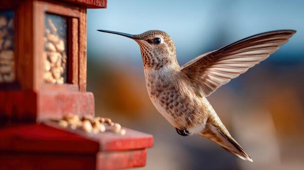 Hummingbird feeding on seeds at a feeder surrounded by a vibrant garden setting photo