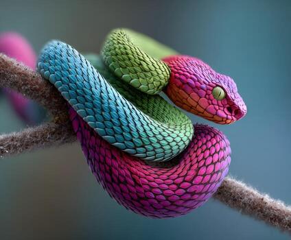 Colorful snake resting on a branch in a vibrant natural setting during daylight photo