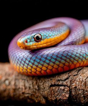 Colorful snake resting on a branch against a dark background photo