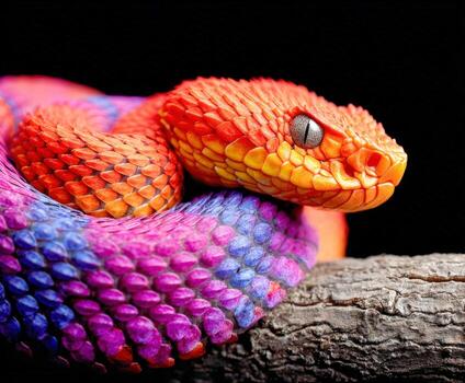 Brightly colored snake resting on a branch with vivid scales in vibrant patterns photo