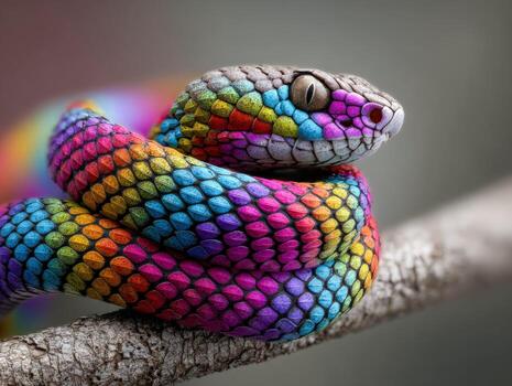 Colorful snake resting on a branch in a vibrant natural setting photo