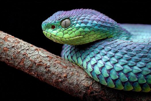 Colorful green and blue snake resting on a branch in a dark environment photo