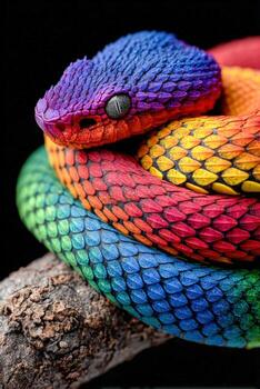 Colorful snake resting on a branch in a vibrant display of hues photo