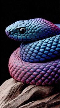 Colorful snake resting on wood in vibrant hues and detailed scale patterns photo