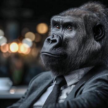 Gorilla dressed in suit sits confidently in modern restaurant setting photo