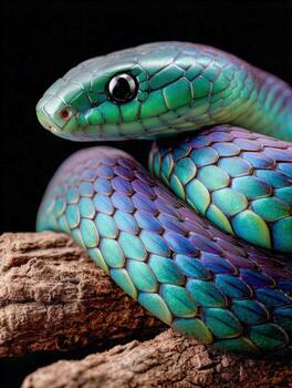 Colorful green tree python resting on branch in dim light photo