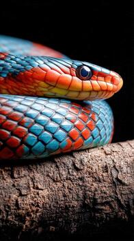 Colorful snake resting on a log in a dark environment photo