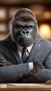 Gorilla dressed in a suit seated at a desk in a modern office setting photo