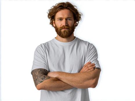 A man with a beard and tattoos standing with his arms crossed photo