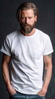 A man with a beard and tattoos standing in front of a black background photo
