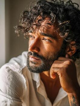 Diverse young man reflecting while seated near a window in soft light photo