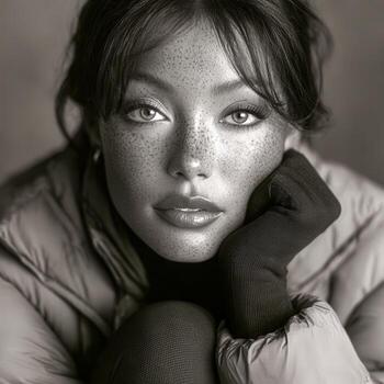 High-fashion editorial portrait of a model in a stylish puffer jacket photo