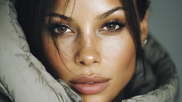 High-fashion editorial featuring a model with striking features in contemporary style photo