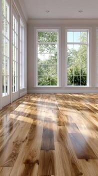 Bright and spacious empty room with large windows and wooden flooring photo