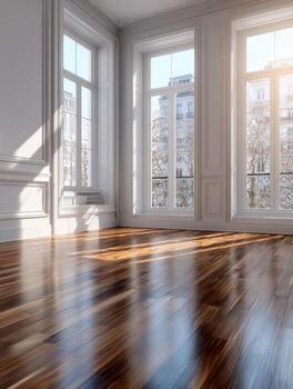 Bright and clean empty room with wooden floor and large windows photo