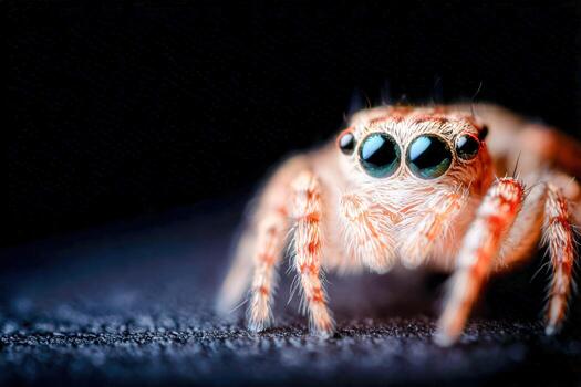 Hyper-detailed portrait of a small spider with striking features on a dark background photo