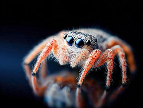 Hyper-detailed portrait of a small spider on a reflective surface at night photo